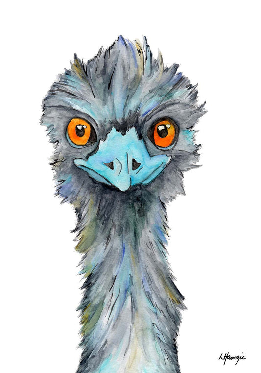 Watercolour art print of a emu hand-painted by Laura Hamzic Australian Artist.