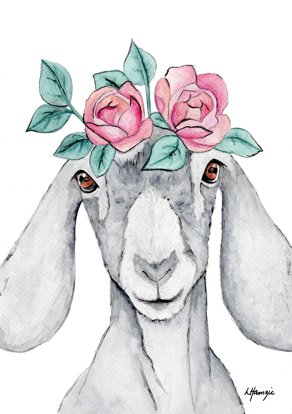 Grey goat with pink and green flower crown captured in watercolour by Australian Artist Laura Hamzic
