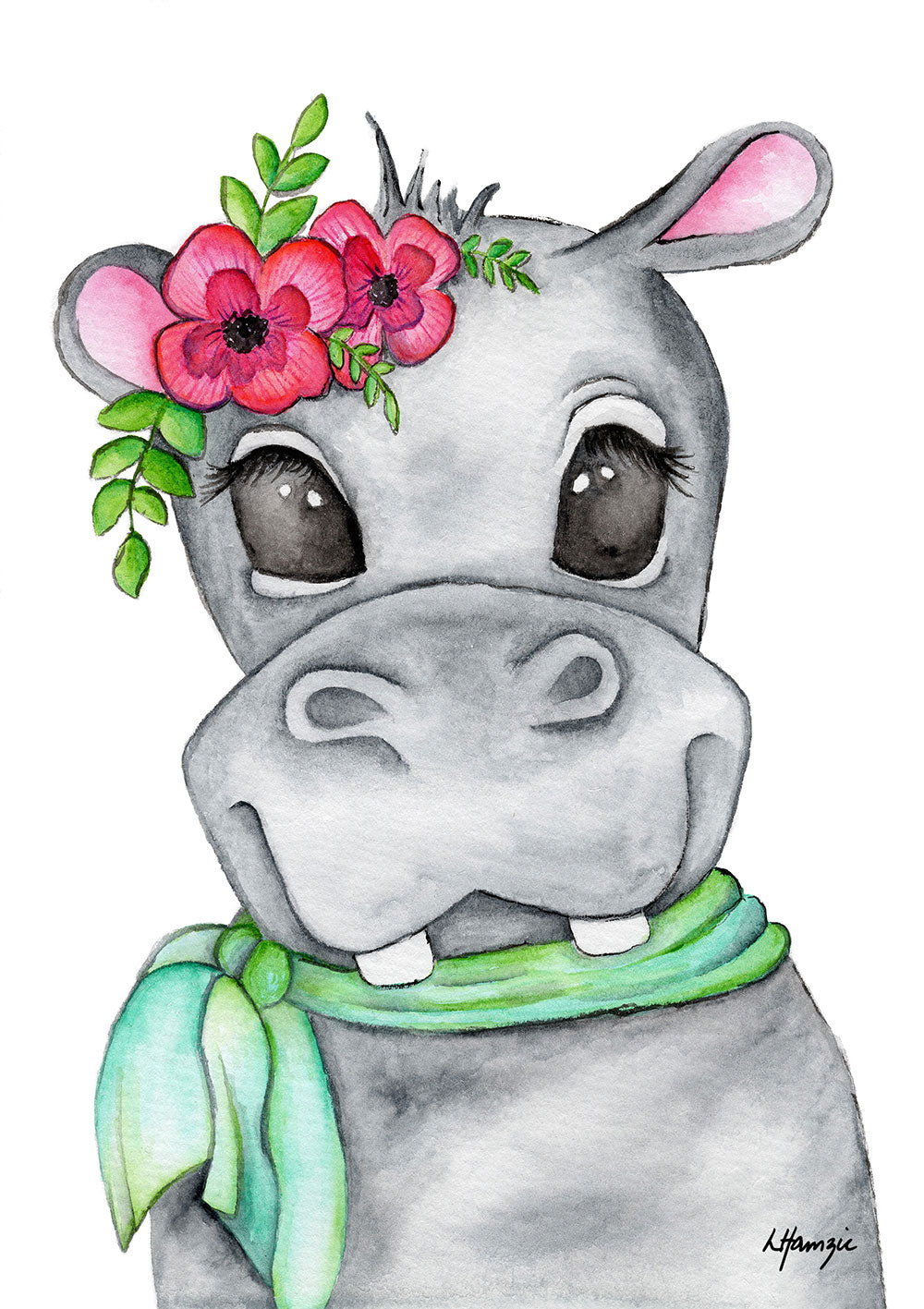 Hippo with pink and green flowers and blue green scarf captured in watercolour by Australian Artist Laura Hamzic