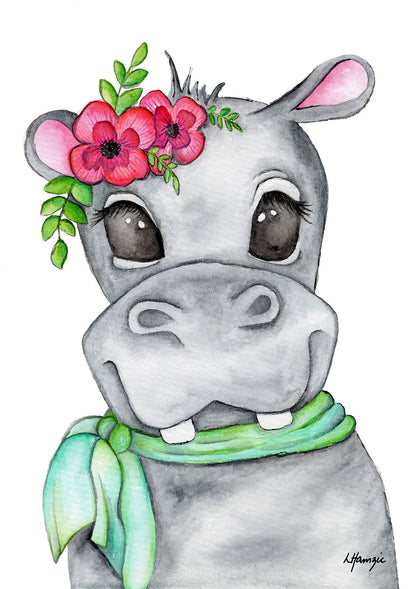 Hippo with pink and green flowers and blue green scarf captured in watercolour by Australian Artist Laura Hamzic