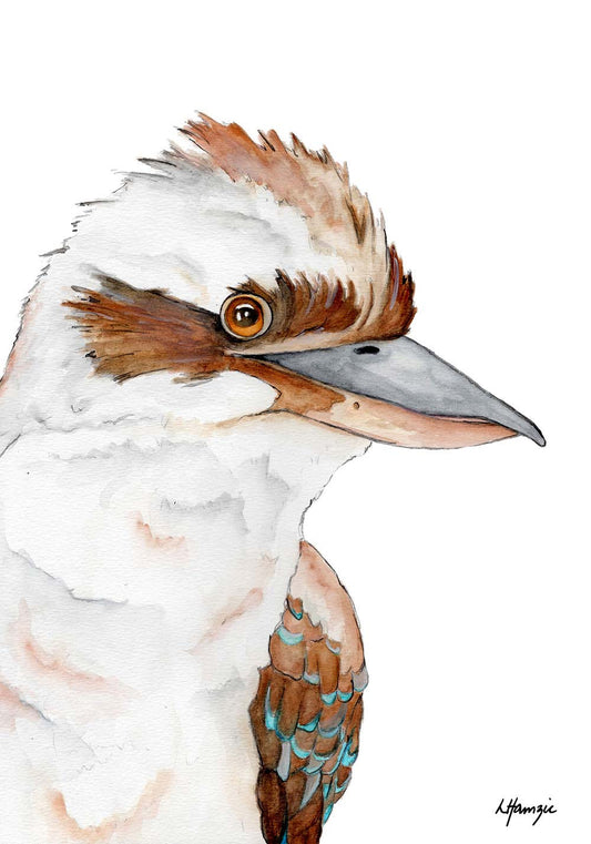 Watercolour art print of a kookaburra hand-painted by Laura Hamzic Australian Artist and Designer.