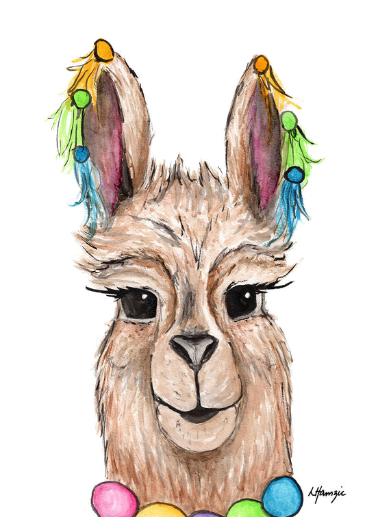Llama with yellow, blue and green ear tassels and a beaded necklace captured in watercolour by Australian Artist Laura Hamzic