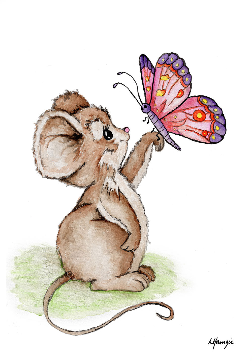 A whimsical mouse and butterfly captured in watercolour by Australian Artist Laura Hamzic