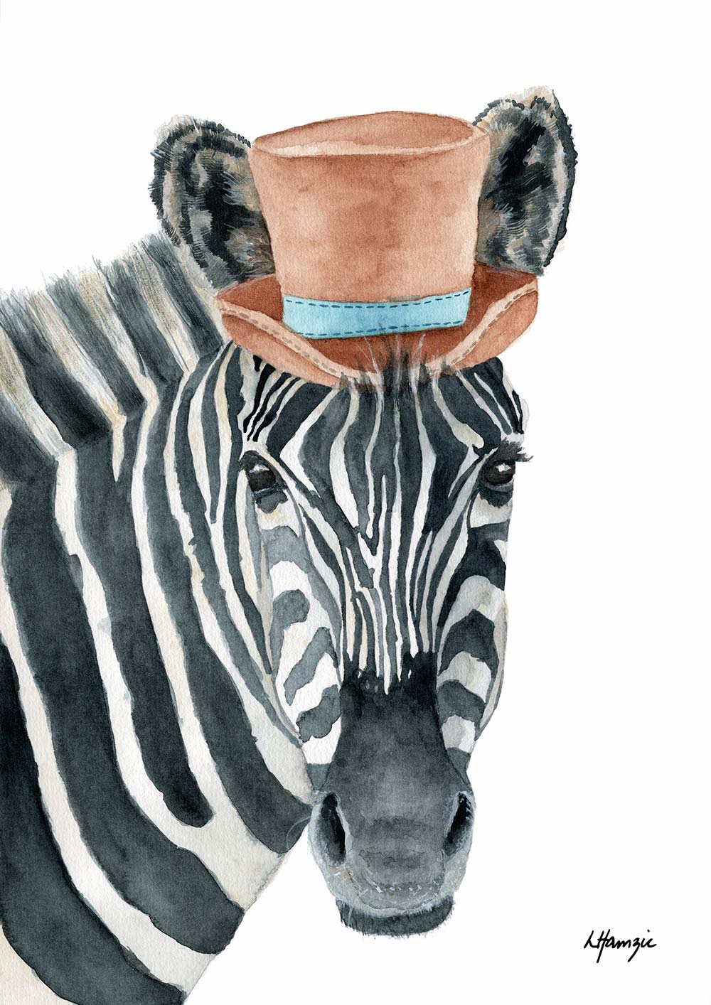 Whimsical fun watercolour painting of a Zebra wearing a top hat - fun artwork for childs playroom - created by Laura Hamzic Australian Artist