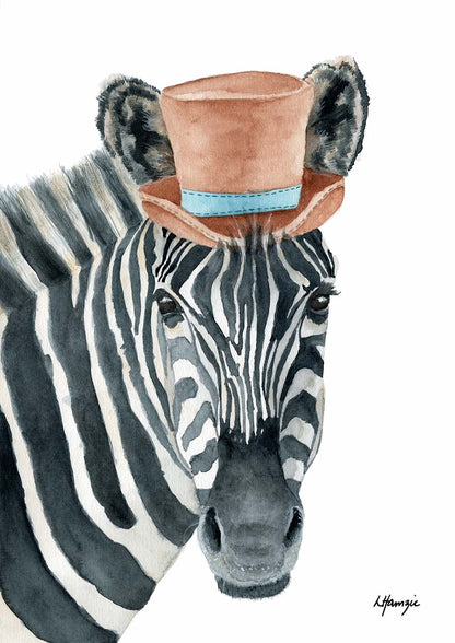 Whimsical fun watercolour painting of a Zebra wearing a top hat - fun artwork for childs playroom - created by Laura Hamzic Australian Artist