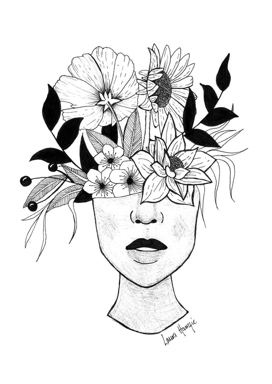 Art print of an inky line art woman with flowers growing out of her head - hand-drawn by Laura Hamzic