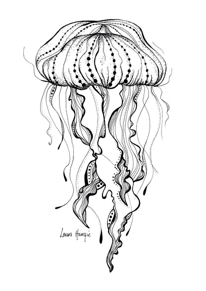 Art print of an inky line art Jellyfish - hand-drawn by Laura Hamzic