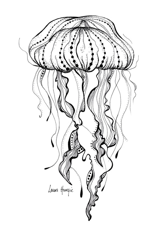 Art print of an inky line art Jellyfish - hand-drawn by Laura Hamzic