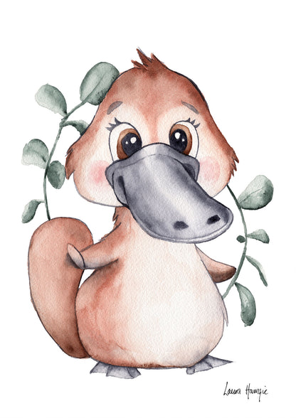 Watercolour art prints of a baby Platypus puggle with silver dollar eucalyptus - painted by Laura Hamzic