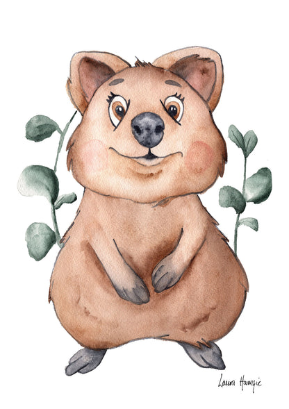 Watercolour art prints of a baby Quokka Joey with silver dollar eucalyptus - painted by Laura Hamzic