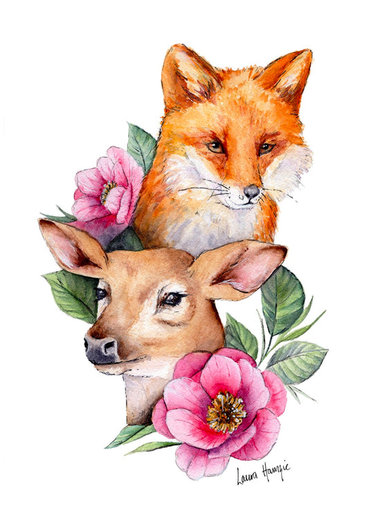 Watercolour art print of a Fox and Fawn surrounded by florals - painted by Laura Hamzic